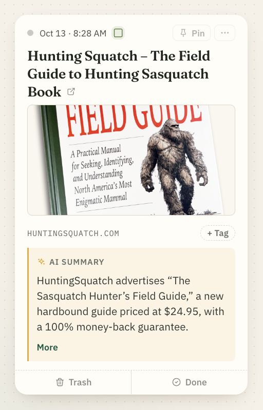 A saved link to a field guide for hunting Sasquatch, with its preview and AI summary