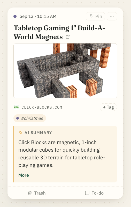 A saved link to magnetic tabletop terrain blocks, tagged #christmas, with its AI summary