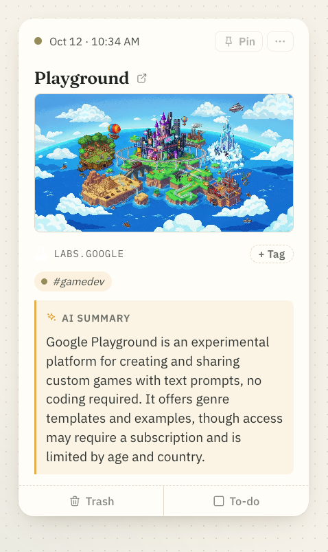 A saved link to Google's Playground with its preview image and AI summary