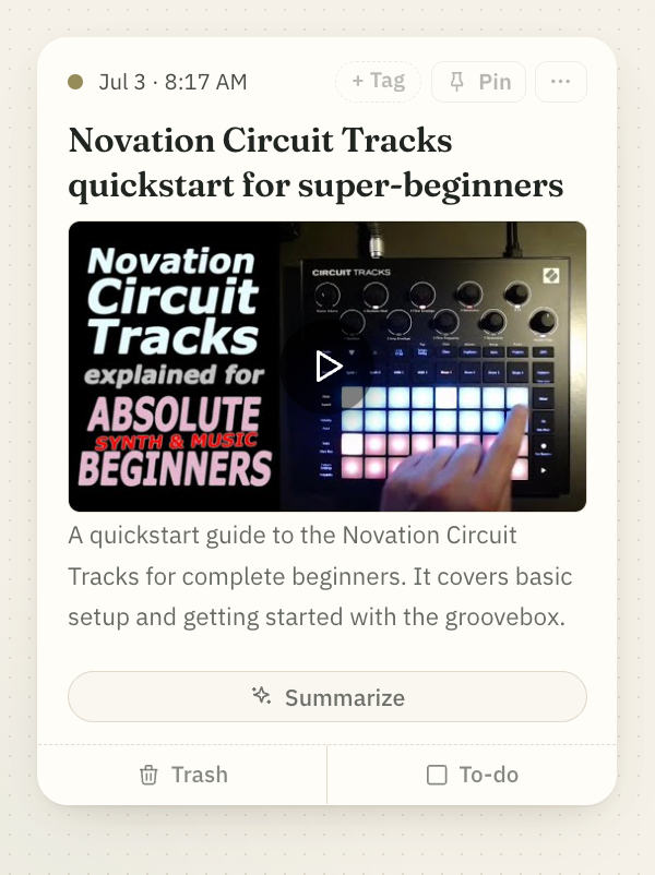 A YouTube tutorial saved as a card that plays in place
